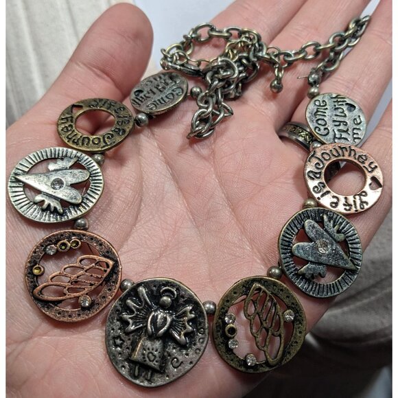 Rustic Religious Motivational Multi Metallic Medallion Charm Necklace - Picture 3 of 5